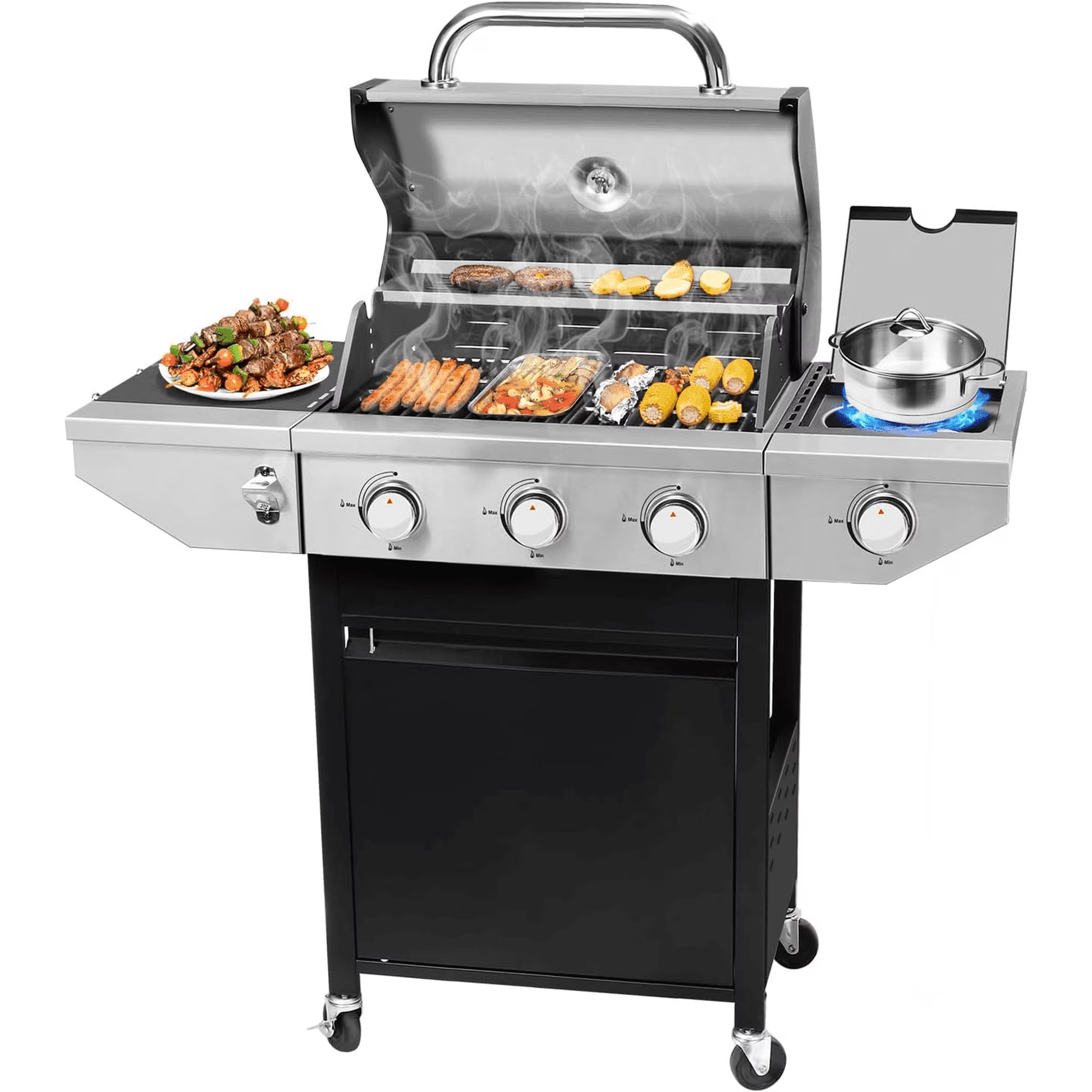 VANECL 3 Burner Propane Gas Grill with Side Burner, Outdoor 37,150 BTU Stainless Steel Barbecue Grill with Lid, Wheels, Shelves and Thermometer for Camping, Outdoor Cooking