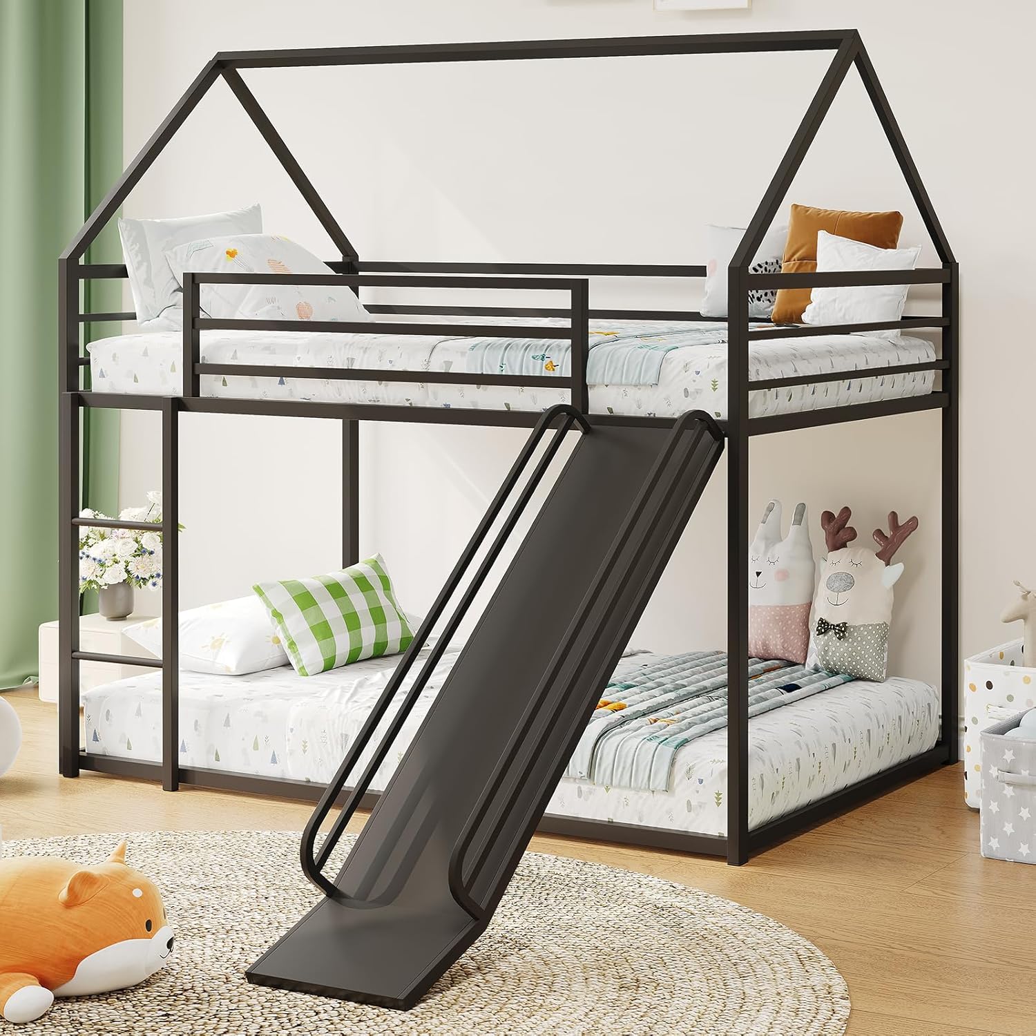 Aminy Bunk Bed Twin Over Twin, Steel Twin over Twin House Bed with Ladder and Slider, Heavy Duty Bed for Kids Adults, Space-Saving, No Box Spring Needed, White
