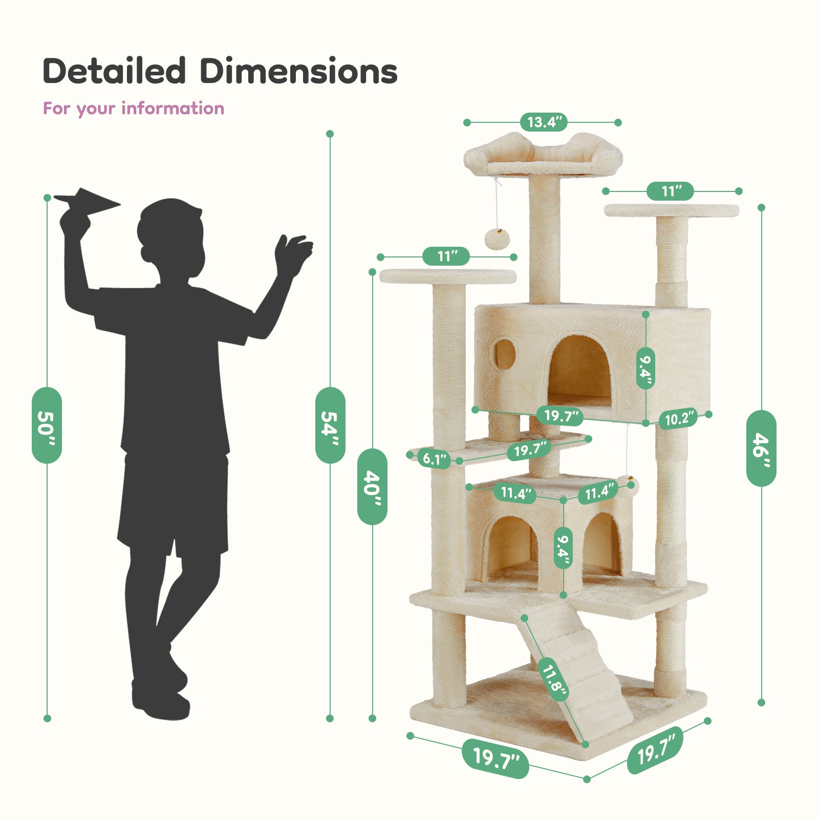 54'' Cat Tree Cat Tower with Large Apartment,Indoor Cat Scratch Fabric with pet playroom,Beige