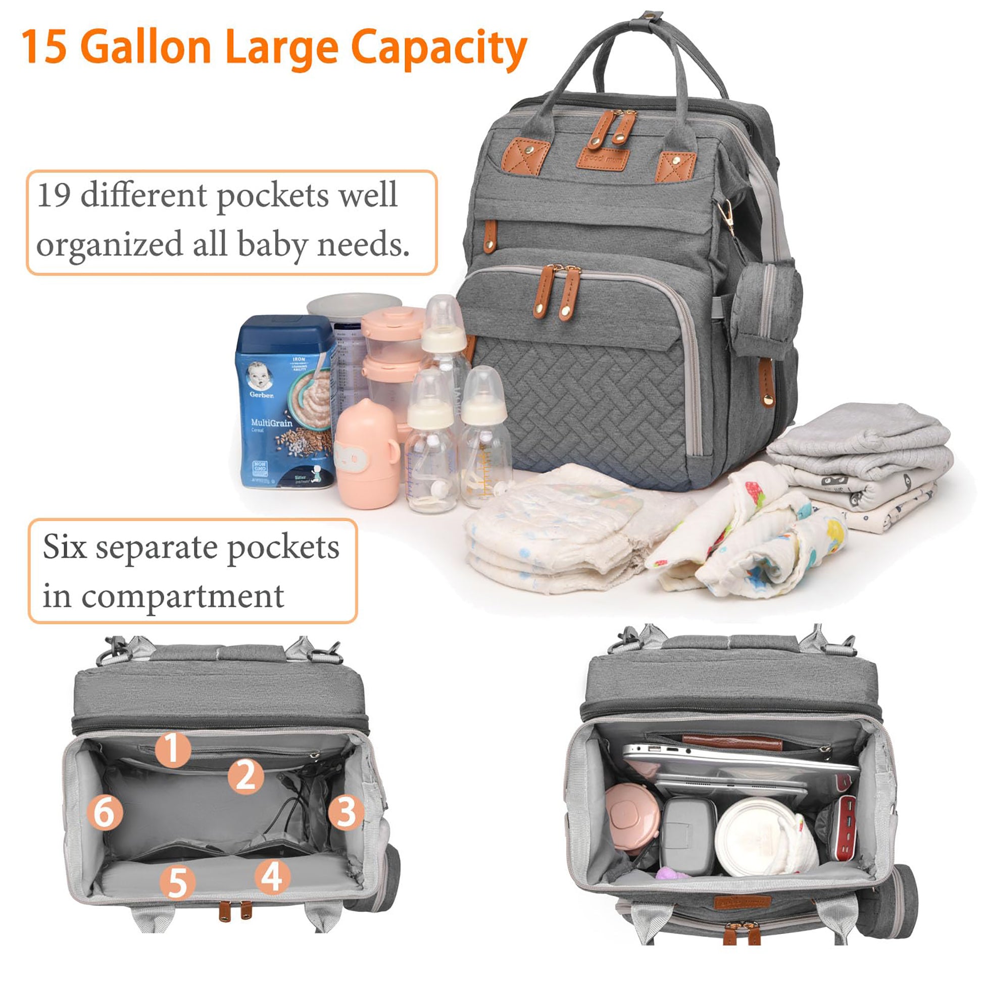 Baby Diaper Bag Backpack with Changing Station,Waterproof 30L Large Capacity Portable Travel Bag for Moms Dads,Insulated Milk Pocket &USB Charging Port,Gray