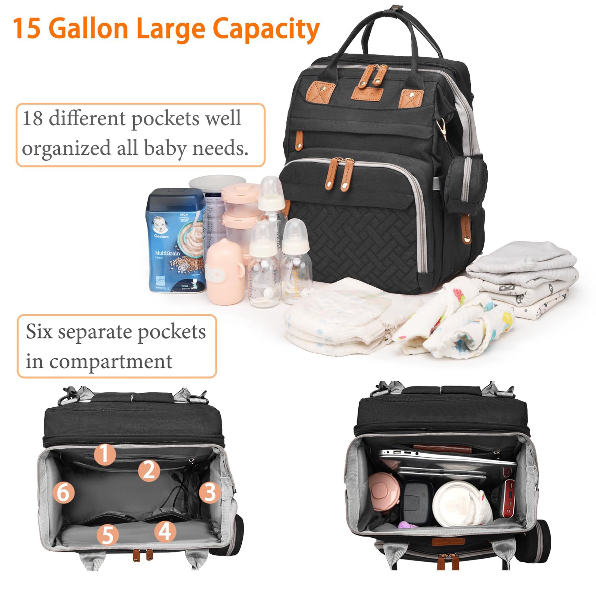 Baby Diaper Bag Backpack with Changing Station,Waterproof 30L Large Capacity Portable Travel Bag for Moms Dads,Insulated Milk Pocket &USB Charging Port,Black