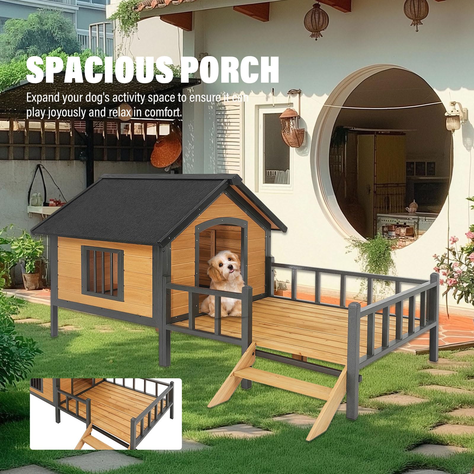 Outdoor Dog House,Large Wooden Dog Kennel with Porch,All-Around Iron Frame House Style for Cat Dog
