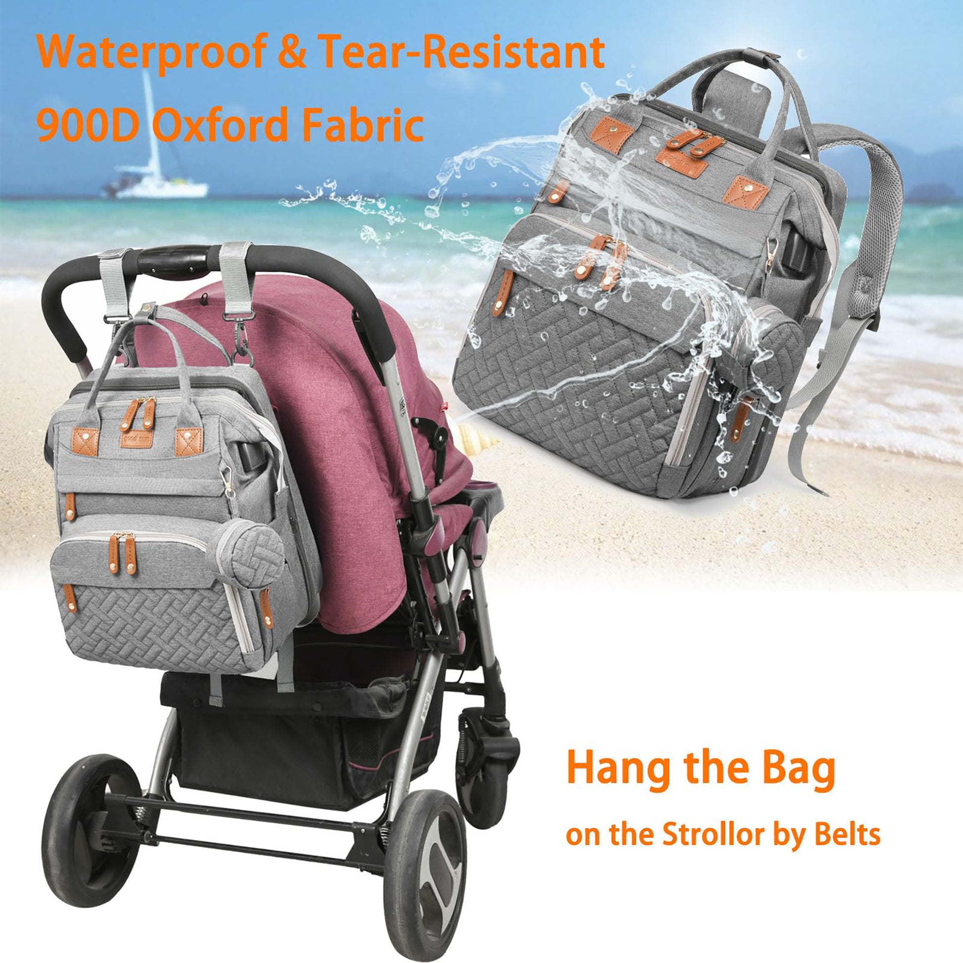 Baby Diaper Bag Backpack with Changing Station,Waterproof 30L Large Capacity Portable Travel Bag for Moms Dads,Insulated Milk Pocket &USB Charging Port,Gray
