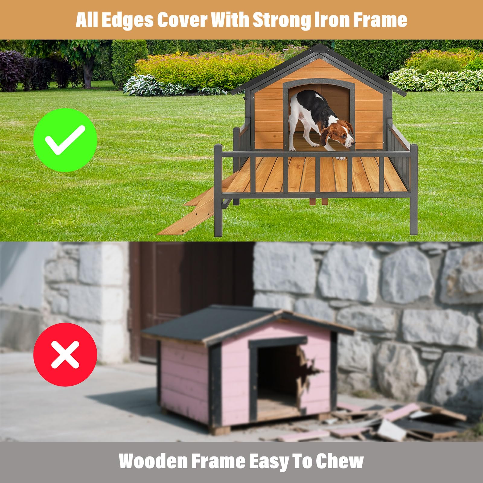 Outdoor Dog House,Large Wooden Dog Kennel with Porch,All-Around Iron Frame House Style for Cat Dog