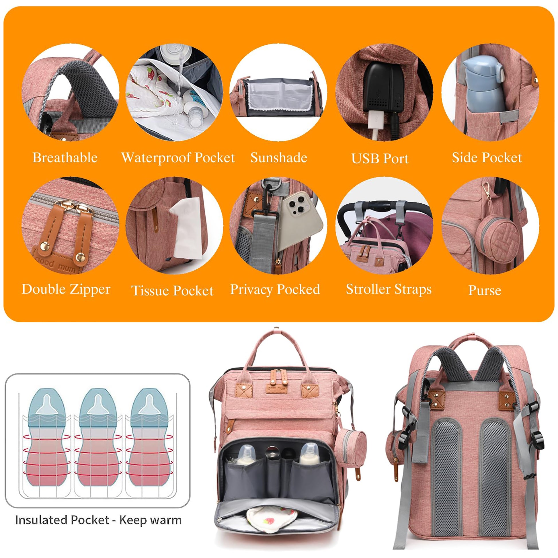 Baby Diaper Bag Backpack with Changing Station,Waterproof 30L Large Capacity Portable Travel Bag for Moms Dads,Insulated Milk Pocket &USB Charging Port
