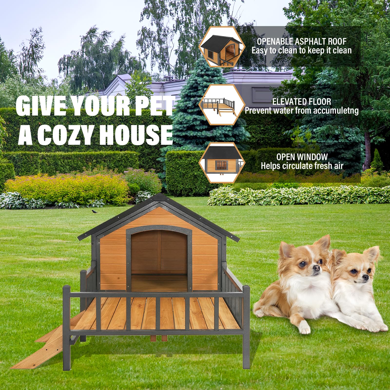 Outdoor Dog House,Large Wooden Dog Kennel with Porch,All-Around Iron Frame House Style for Cat Dog