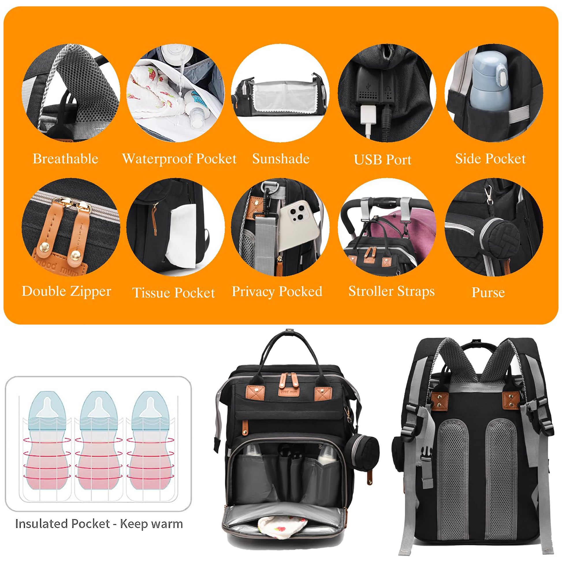 Baby Diaper Bag Backpack with Changing Station,Waterproof 30L Large Capacity Portable Travel Bag for Moms Dads,Insulated Milk Pocket &USB Charging Port,Black