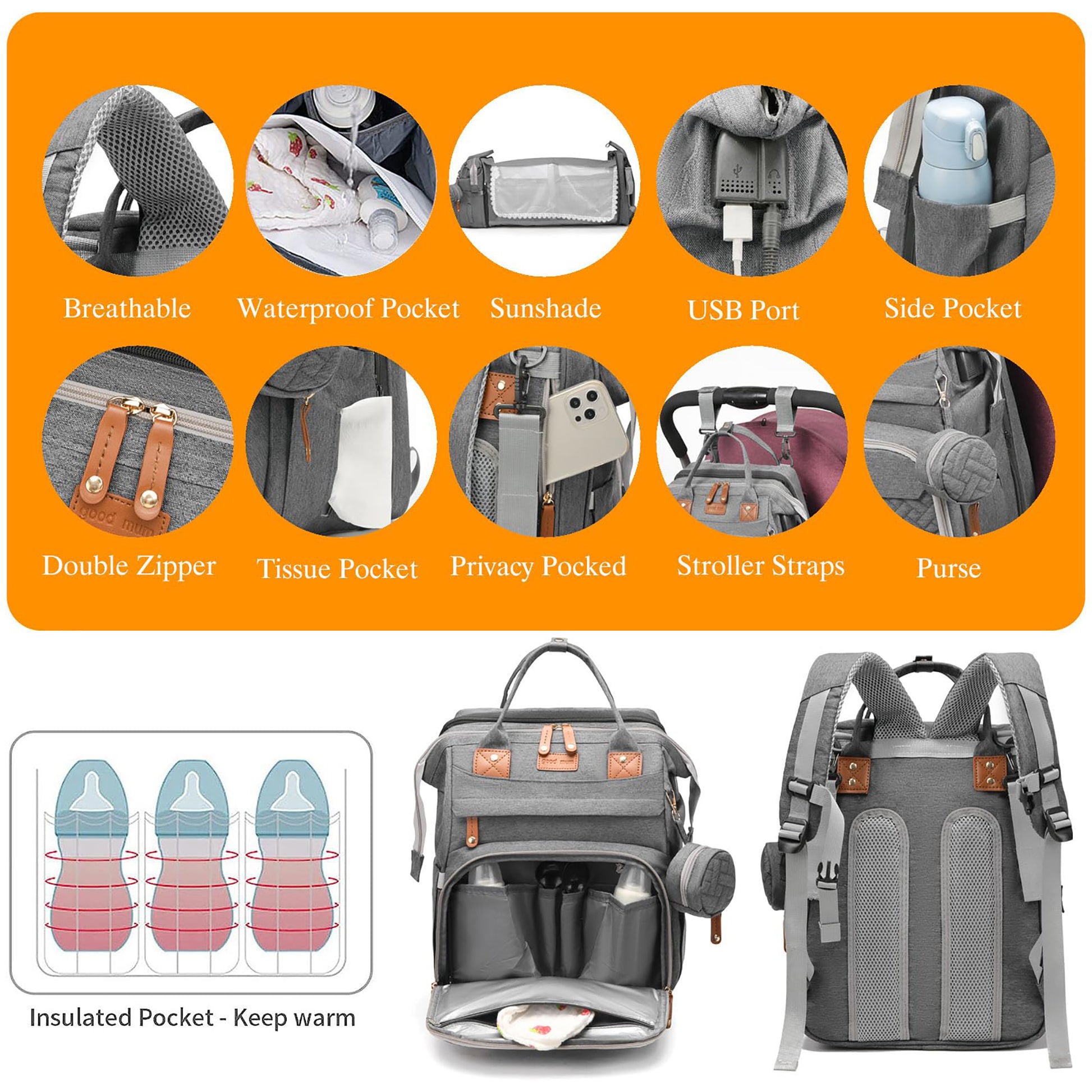 Baby Diaper Bag Backpack with Changing Station,Waterproof 30L Large Capacity Portable Travel Bag for Moms Dads,Insulated Milk Pocket &USB Charging Port,Gray