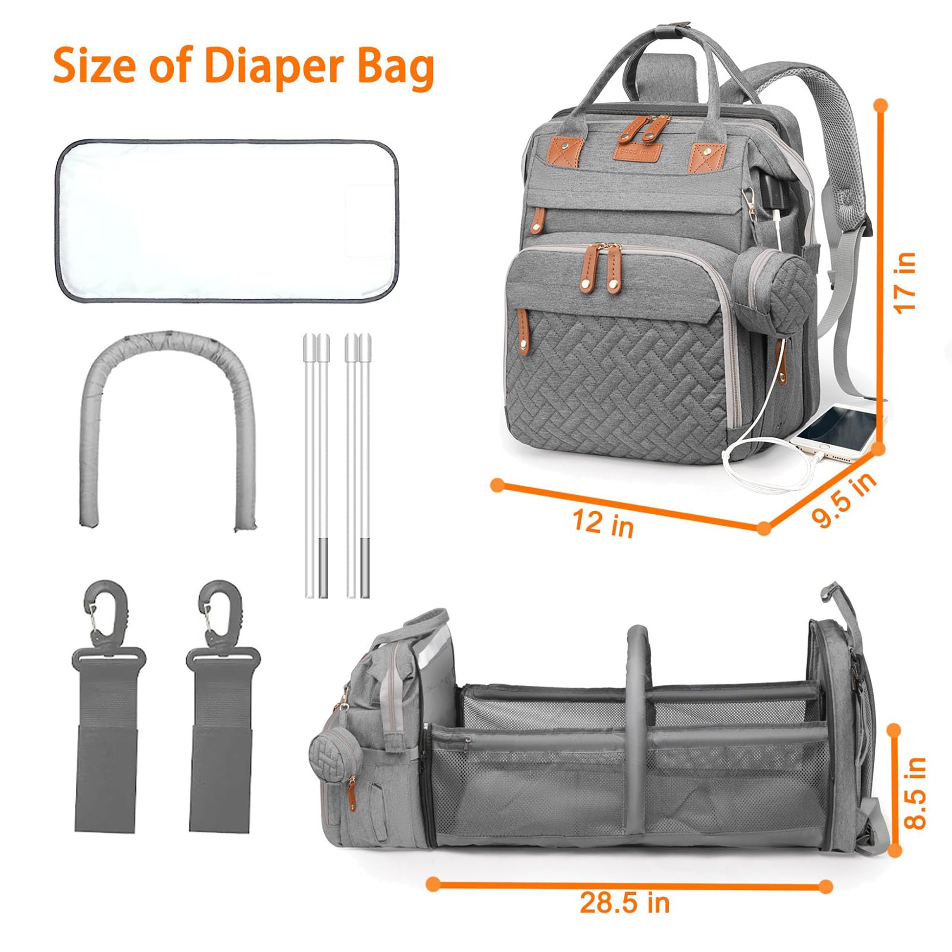 Baby Diaper Bag Backpack with Changing Station,Waterproof 30L Large Capacity Portable Travel Bag for Moms Dads,Insulated Milk Pocket &USB Charging Port,Gray