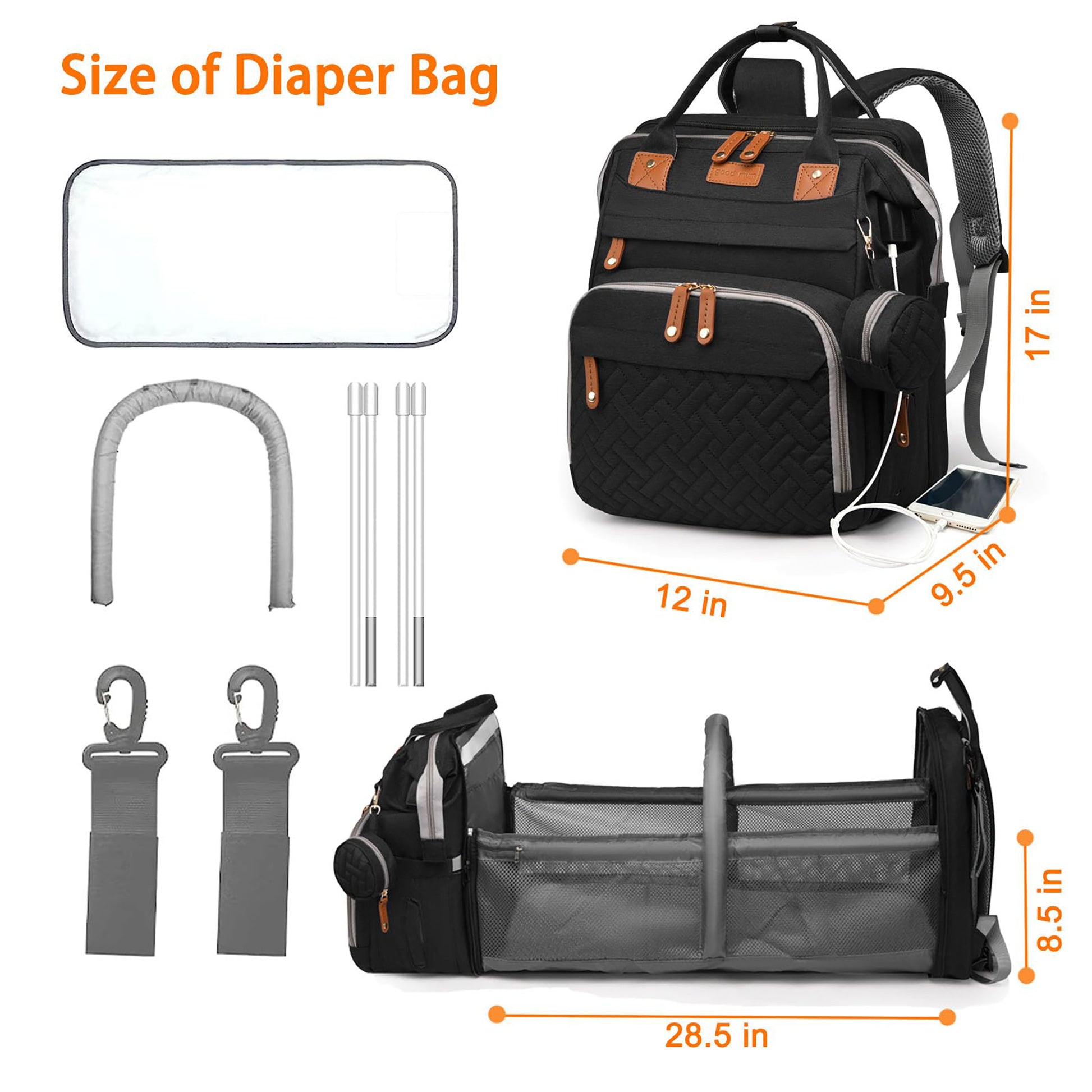 Baby Diaper Bag Backpack with Changing Station,Waterproof 30L Large Capacity Portable Travel Bag for Moms Dads,Insulated Milk Pocket &USB Charging Port,Black