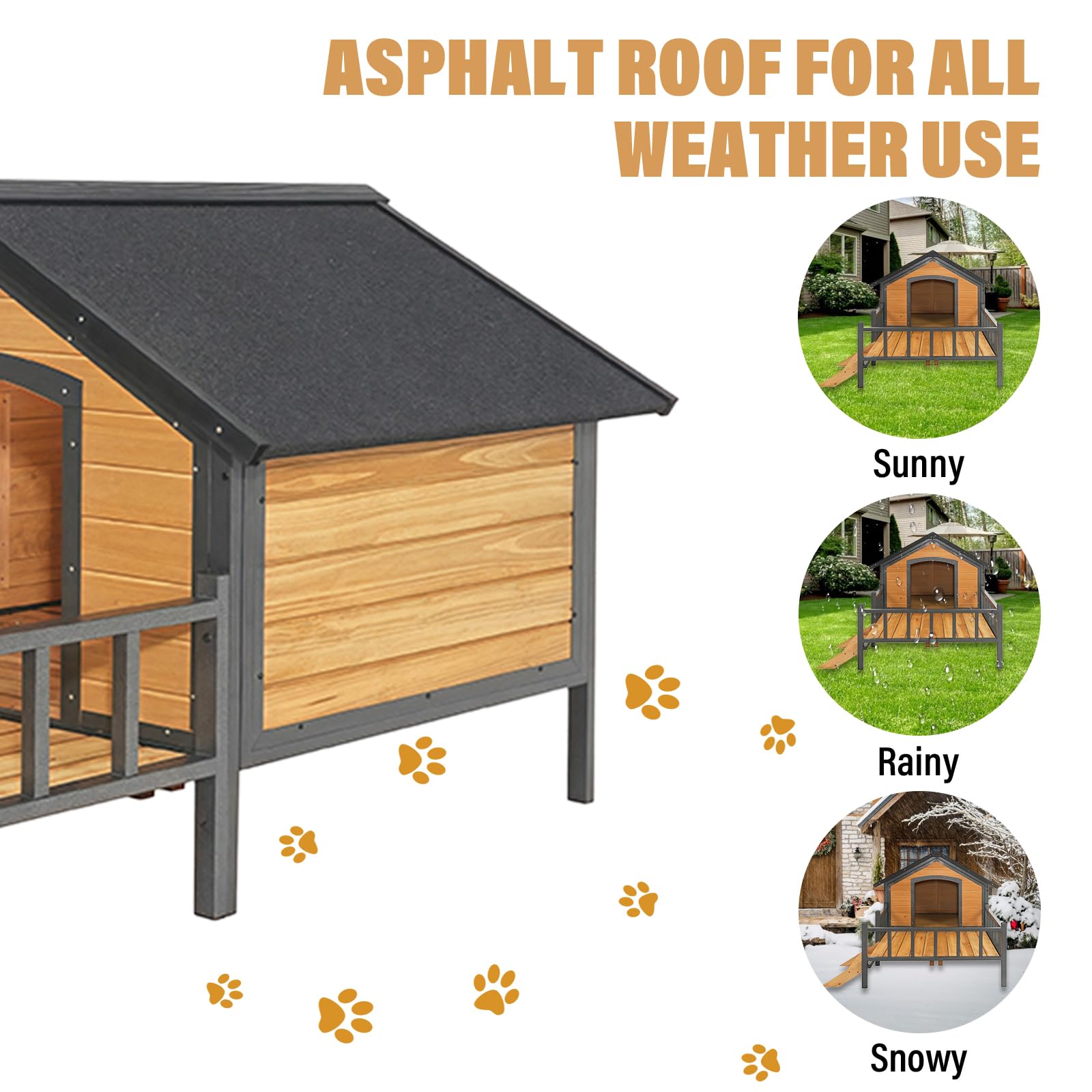 Outdoor Dog House,Large Wooden Dog Kennel with Porch,All-Around Iron Frame House Style for Cat Dog