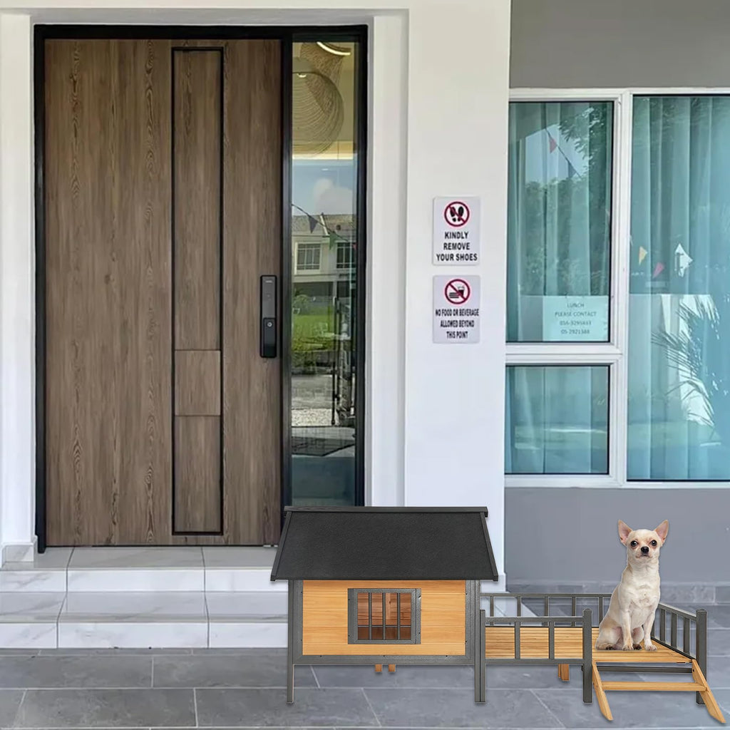 Outdoor Dog House,Large Wooden Dog Kennel with Porch,All-Around Iron Frame House Style for Cat Dog