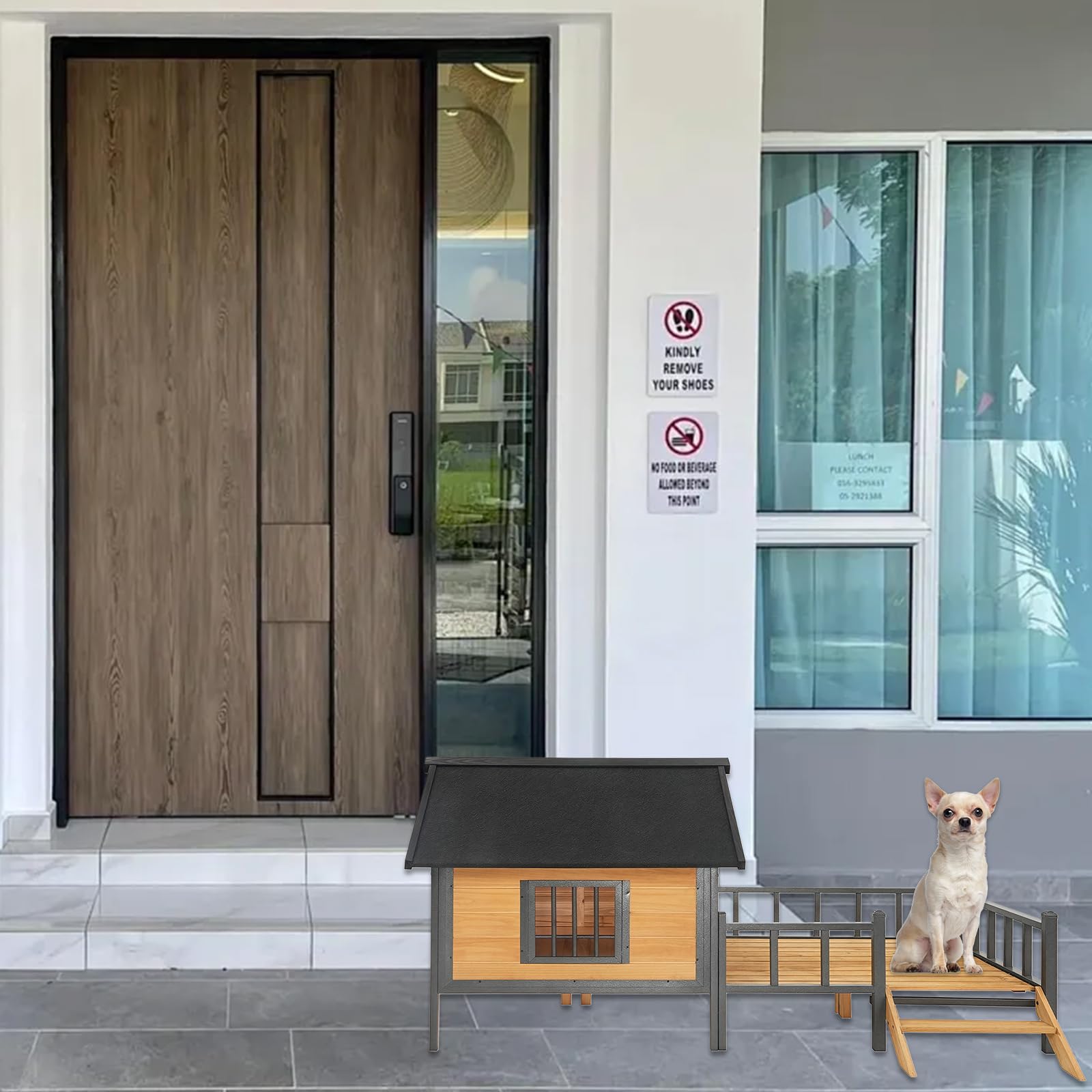 Outdoor Dog House,Large Wooden Dog Kennel with Porch,All-Around Iron Frame House Style for Cat Dog