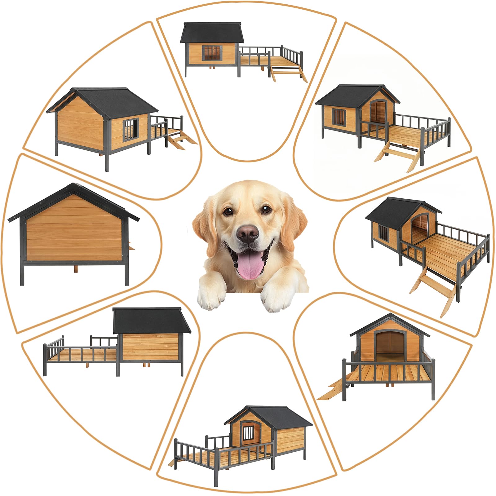Outdoor Dog House,Large Wooden Dog Kennel with Porch,All-Around Iron Frame House Style for Cat Dog